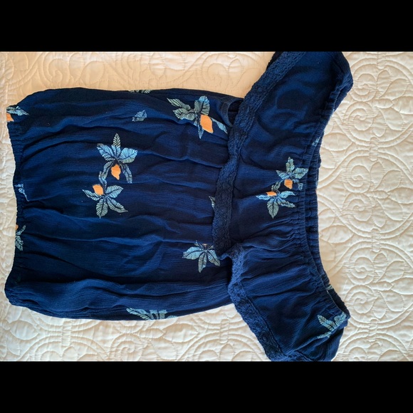 Off the shoulder orange blossom patterned navy top - Picture 2 of 3
